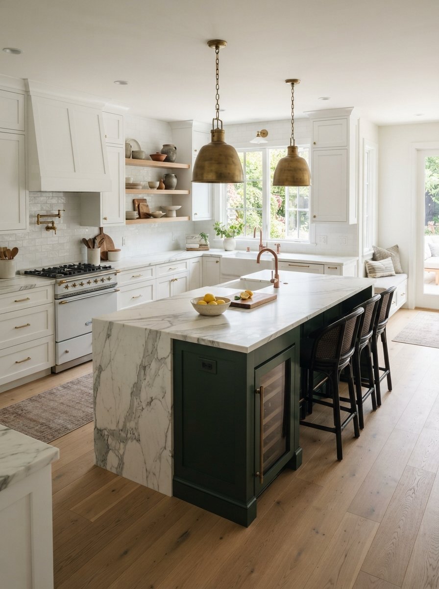 A kitchen features a white marble waterfall island with a green base, brass pendants, and cane bar stools.