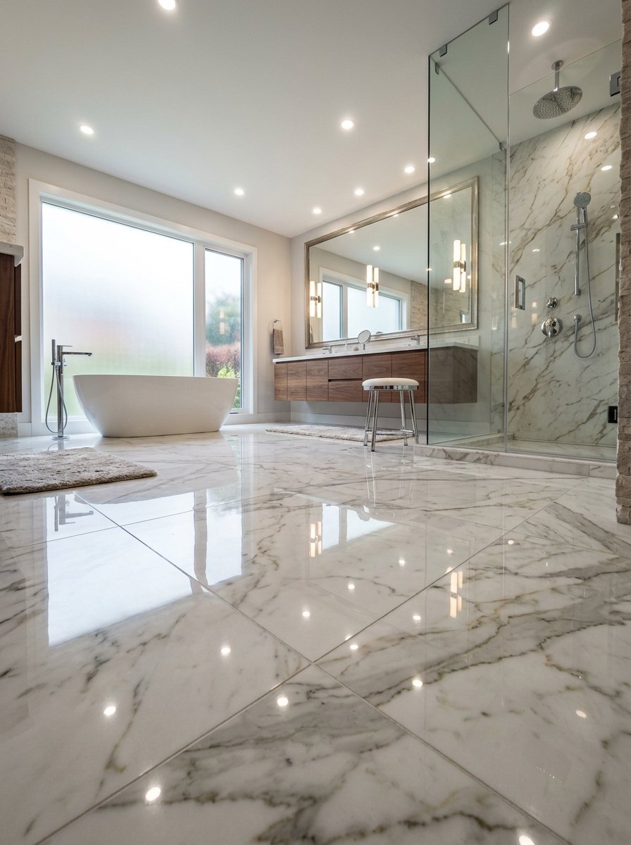 Spacious bathroom featuring a freestanding tub, glass walk-in shower, and polished white marble flooring.