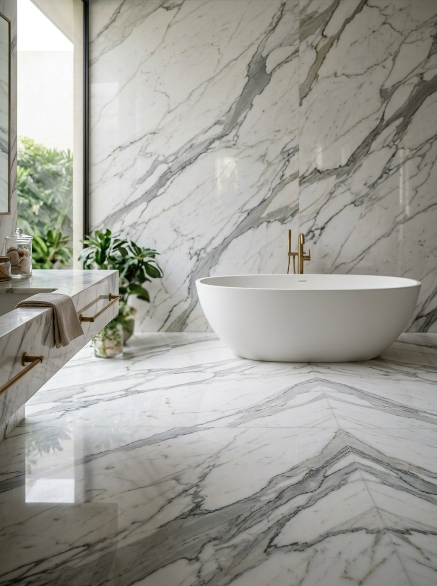 A modern bathroom with white marble tile walls and floor, a white freestanding tub, and brass hardware.