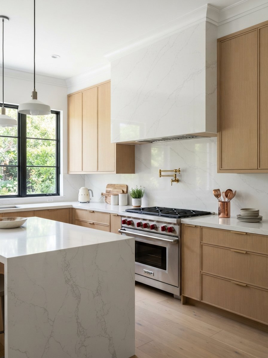 Contemporary kitchen with white marble backsplash, wood cabinetry, stainless steel range, and a large center island.