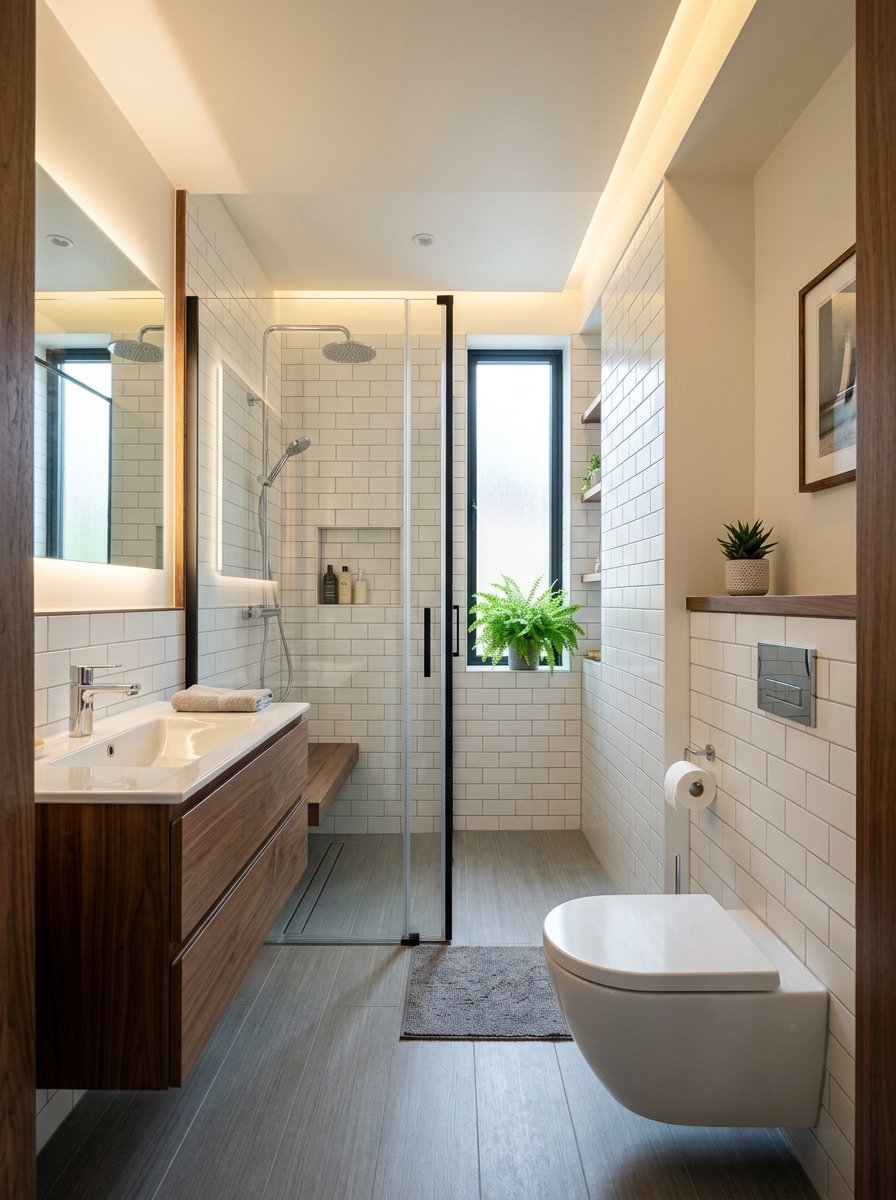 A modern bathroom with white subway tiles, wooden floating vanity, wall-mounted toilet, and a glass-enclosed shower.