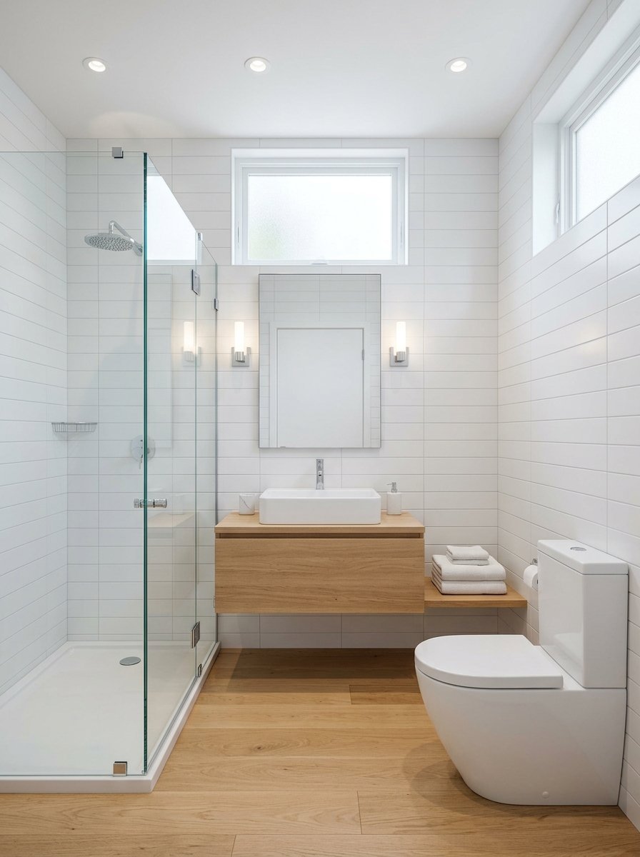 Contemporary bathroom with white horizontal wall tiles, light wood flooring, and a white toilet.