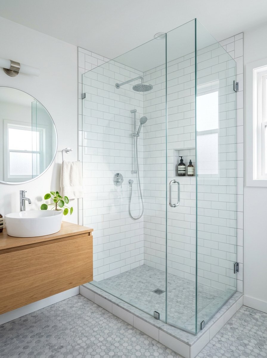 A glass enclosed shower with white subway tiles and a floating wood vanity with a round sink.