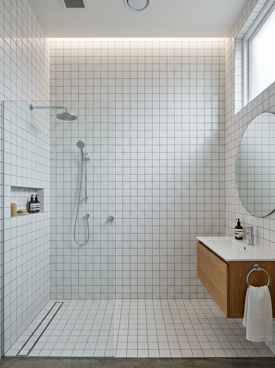 A white tiled bathroom featuring a wall-mounted wood vanity, circular mirror, and a walk-in shower with linear drain.
