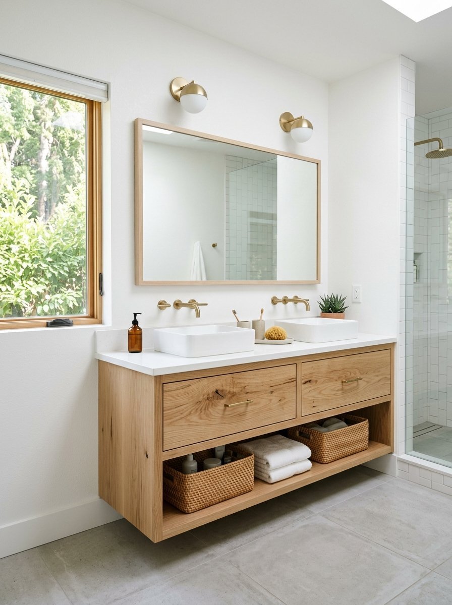 Floating oak vanity with two white square sinks, brass faucets, and woven baskets on the lower shelf.
