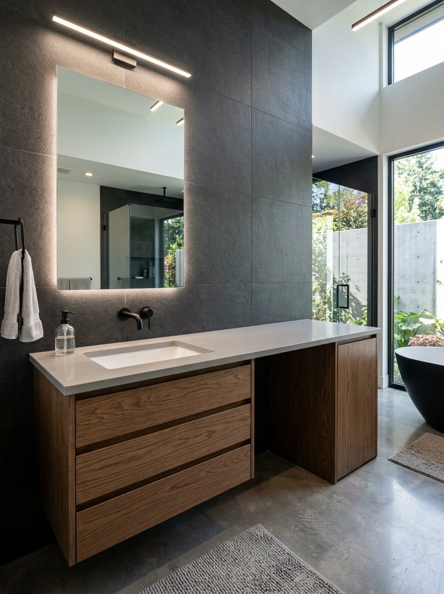 Floating wooden bathroom vanity with concrete countertop and illuminated rectangular mirror on dark tiled wall.