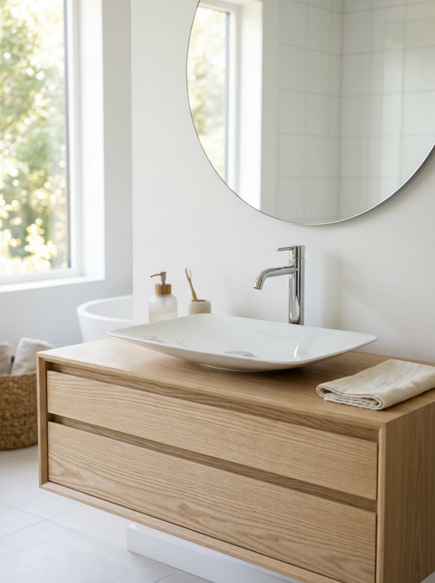 A rectangular white ceramic sink sits on a light oak floating vanity with a round mirror above.