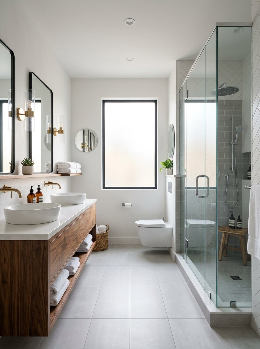 Spacious bathroom with dual vessel sinks, floating wooden vanity, and a large glass-enclosed walk-in shower.