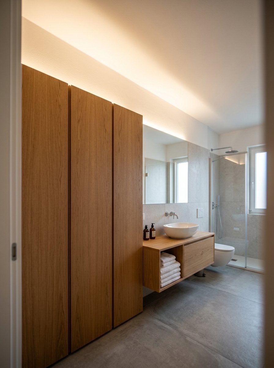 Contemporary bathroom with tall oak storage cabinets, a floating wooden sink vanity, and a glass-enclosed shower area.