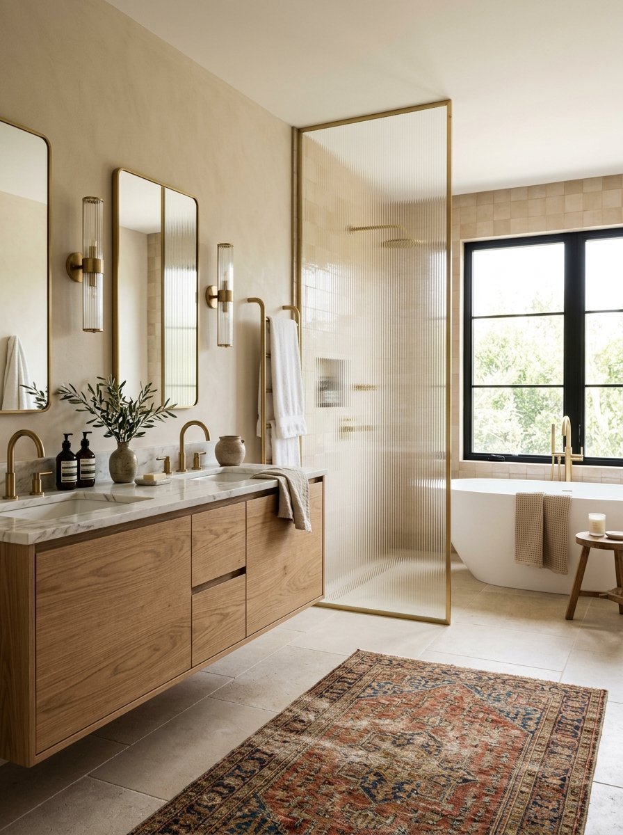 Floating oak vanity beside a fluted glass shower screen and a freestanding bathtub with brass hardware.