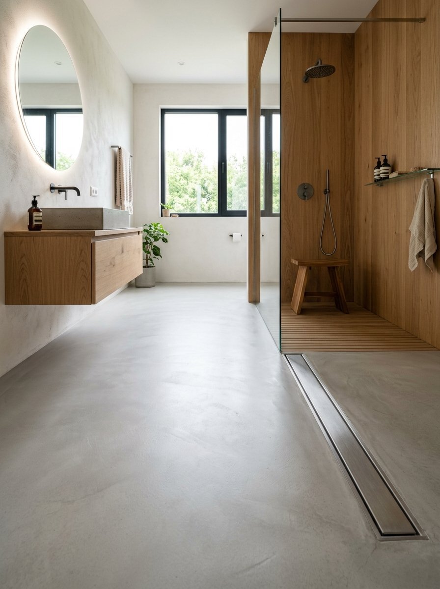 A sleek, contemporary bathroom featuring a wooden shower stall with a slatted floor and smooth concrete flooring.