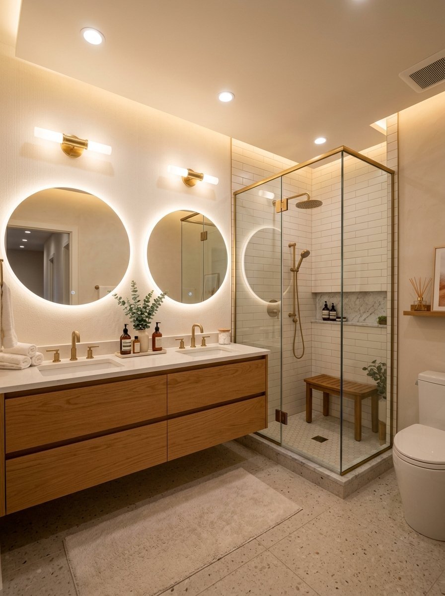 Modern bathroom featuring a floating wood double vanity, round backlit mirrors, and a glass-enclosed shower with bench.