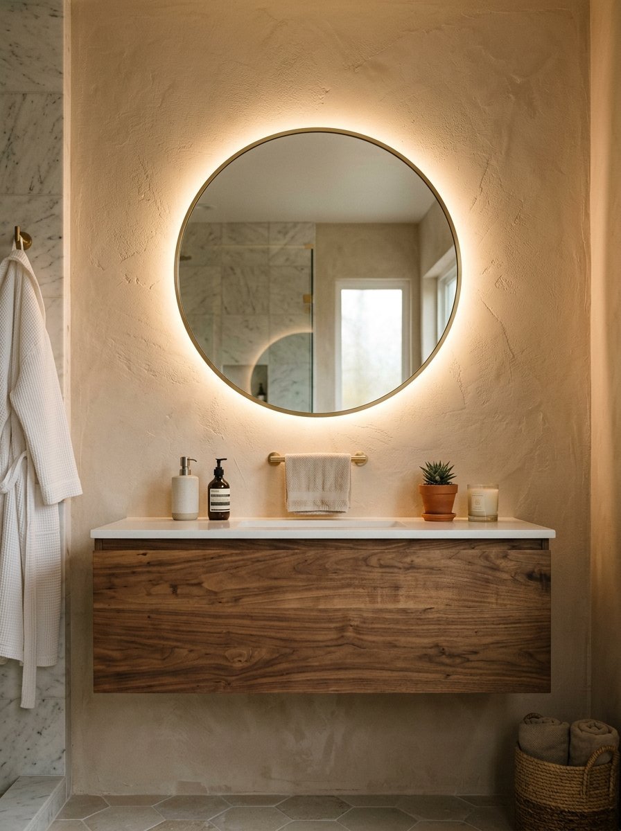 A modern bathroom vanity with a wood cabinet, back-lit round mirror, and white countertop accessories.