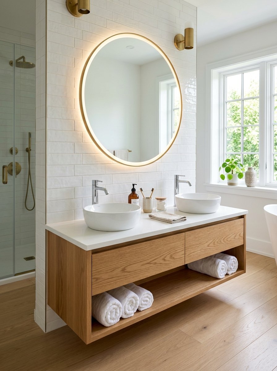 Floating oak vanity with double white vessel sinks and rolled towels on an open shelf in a bright bathroom.