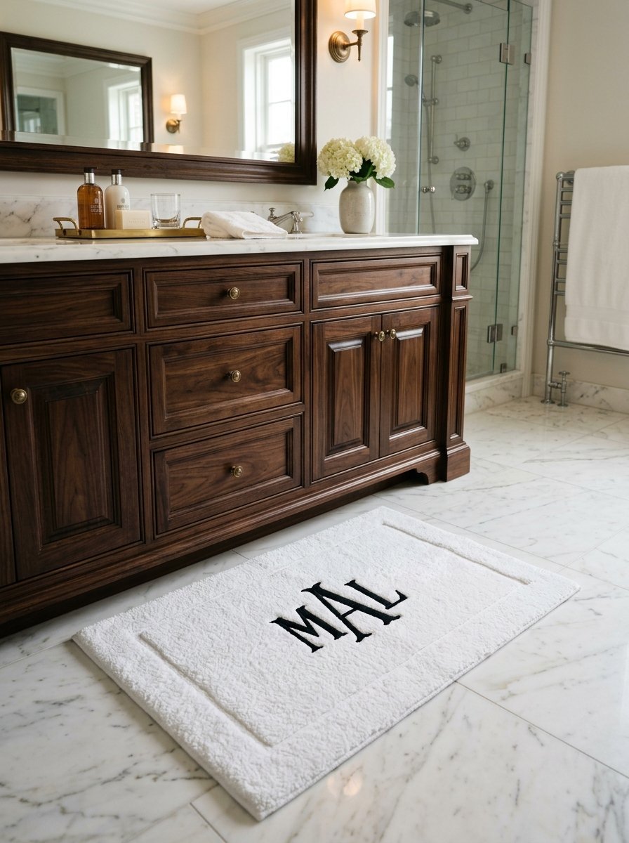 White bath mat with black embroidered initials sitting on a marble bathroom floor in front of a walnut vanity.