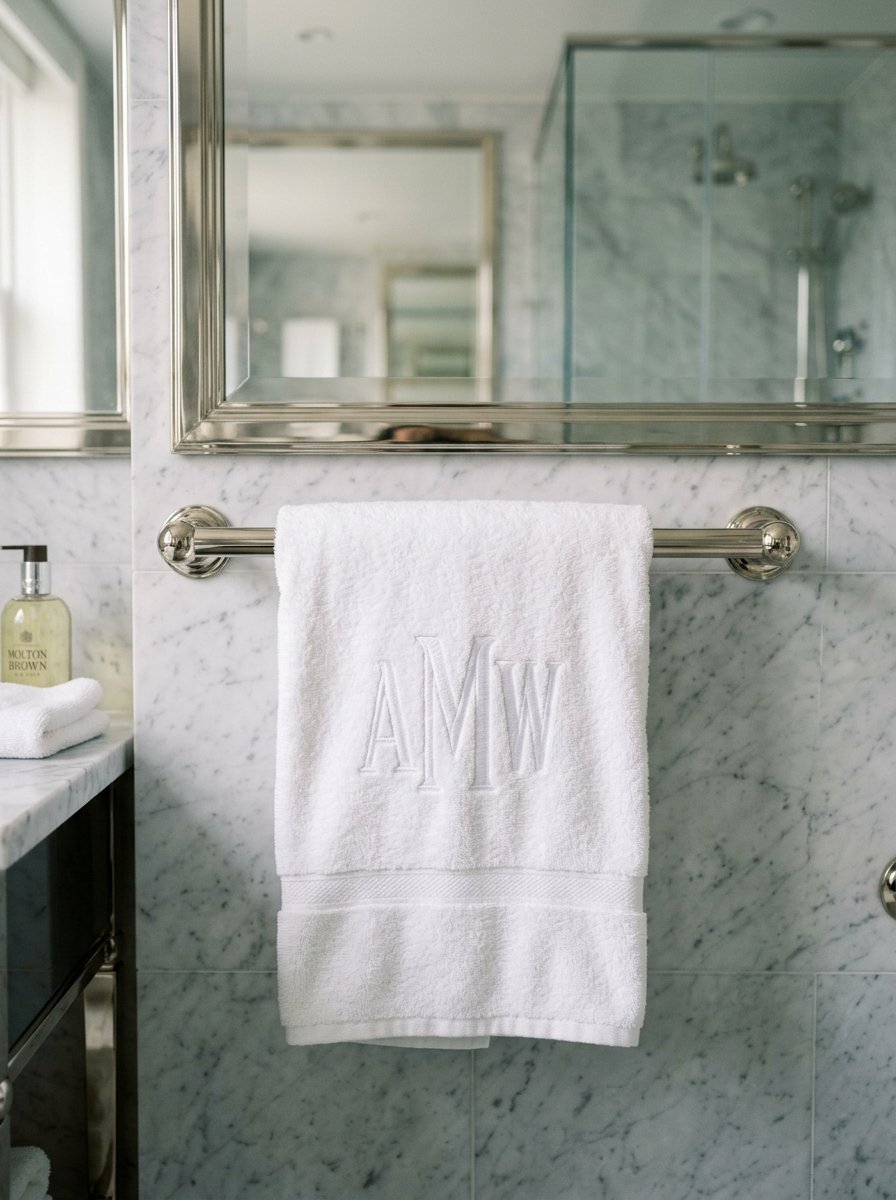 Close up of a fluffy white hand towel featuring a three-letter monogram hanging on a chrome rack in a marble tiled bath.