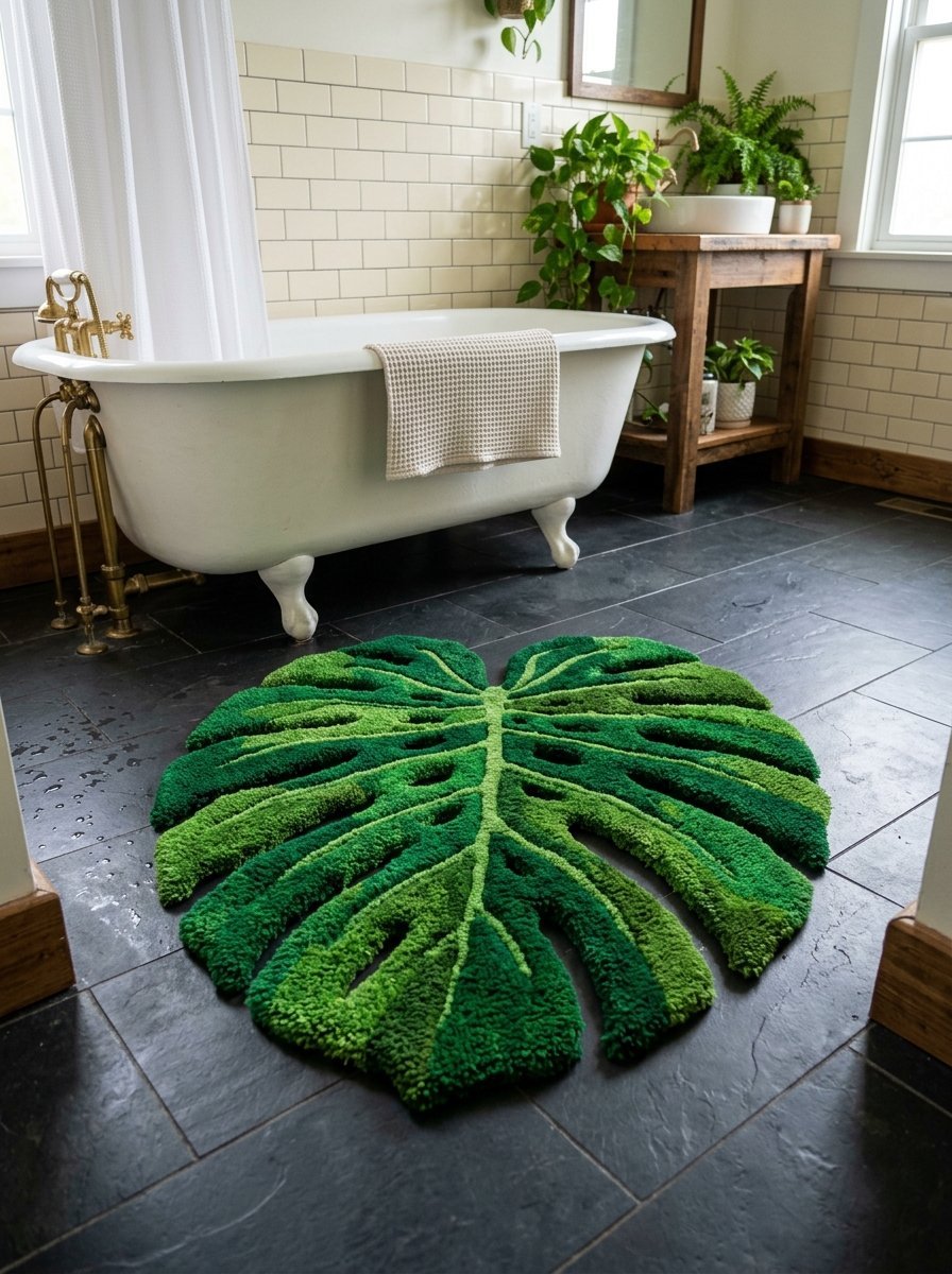 Plush leaf shaped rug featuring shades of green placed in a bright bathroom with a clawfoot tub.