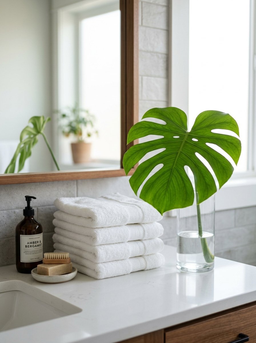 A green monstera leaf in a glass vase next to neatly folded white towels and a soap dispenser on a modern vanity.