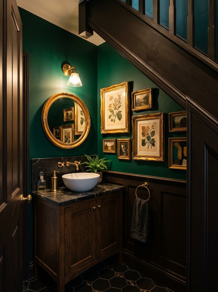 A powder room with dark green walls, a gold mirror, gallery wall art, and a marble vanity under a staircase.