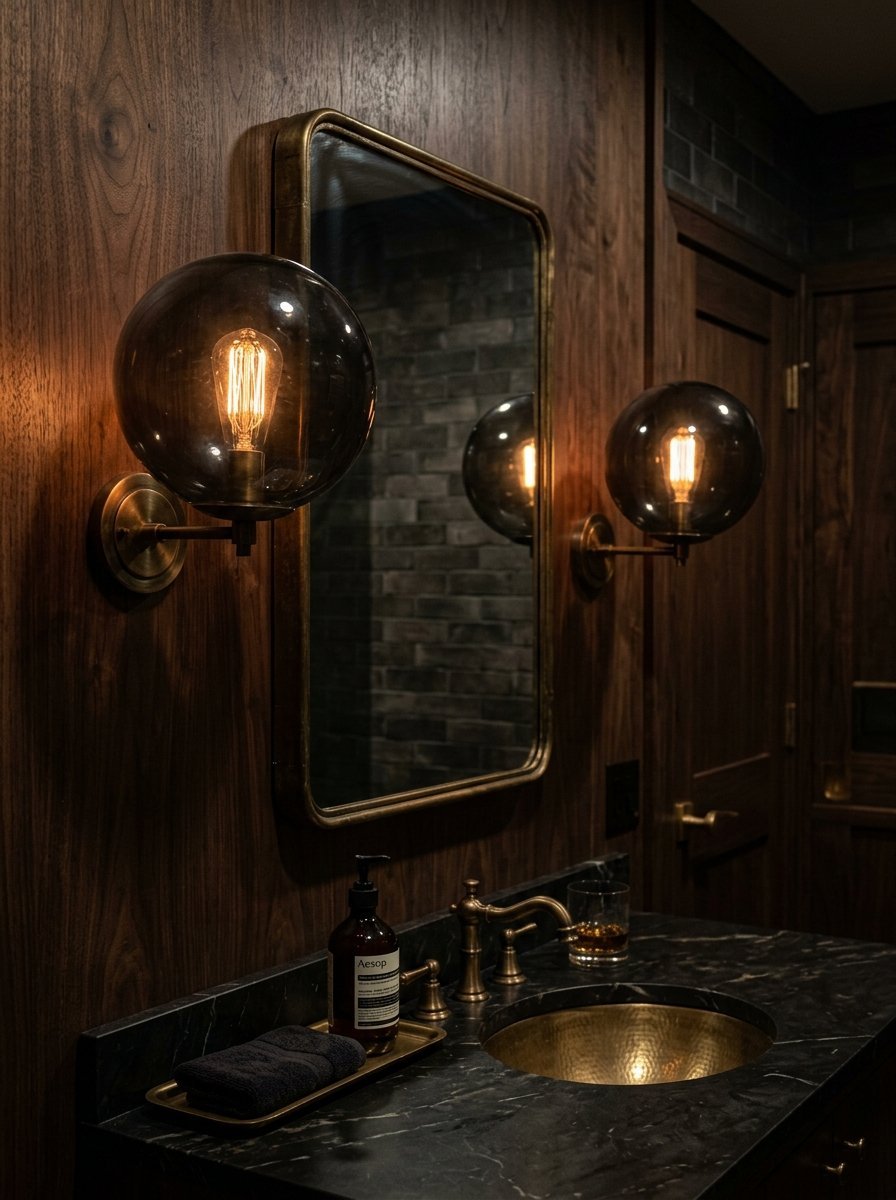 A luxurious bathroom interior with wood paneling, marble countertop, gold sink, and two smoked glass spherical sconces.