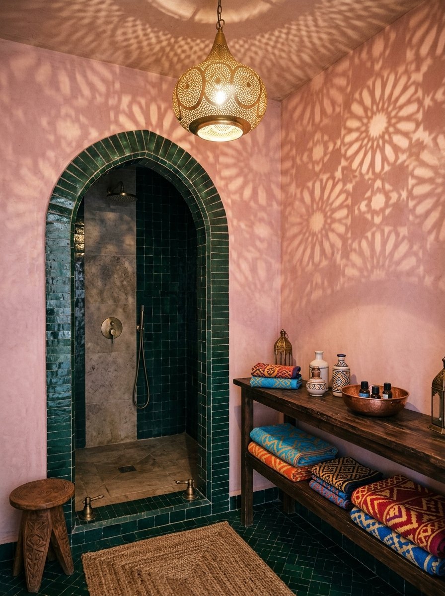 An arched shower with dark green tiles inside a pink room illuminated by an ornate brass pendant light casting shadows.