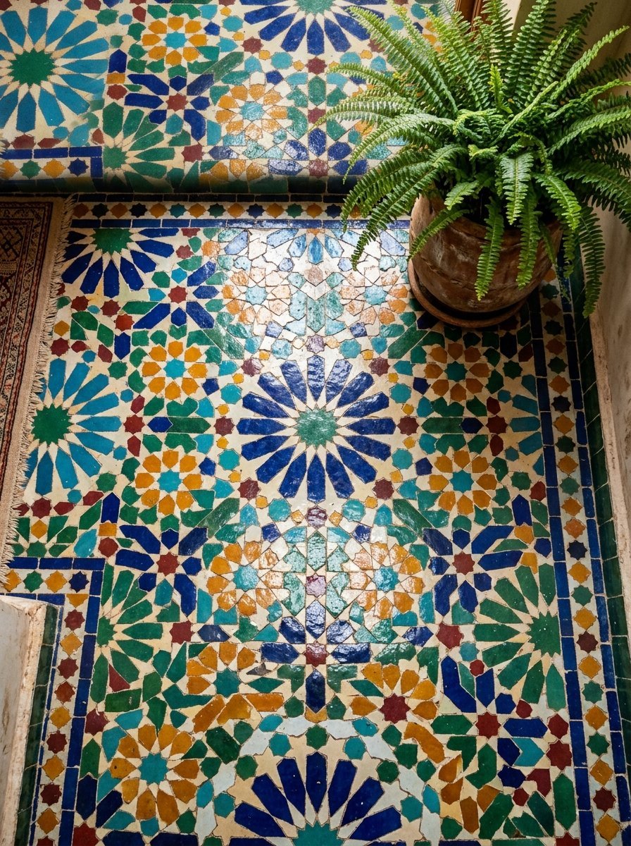 Top-down view of intricate blue, green, and gold Moroccan tiles with a potted fern in the corner.