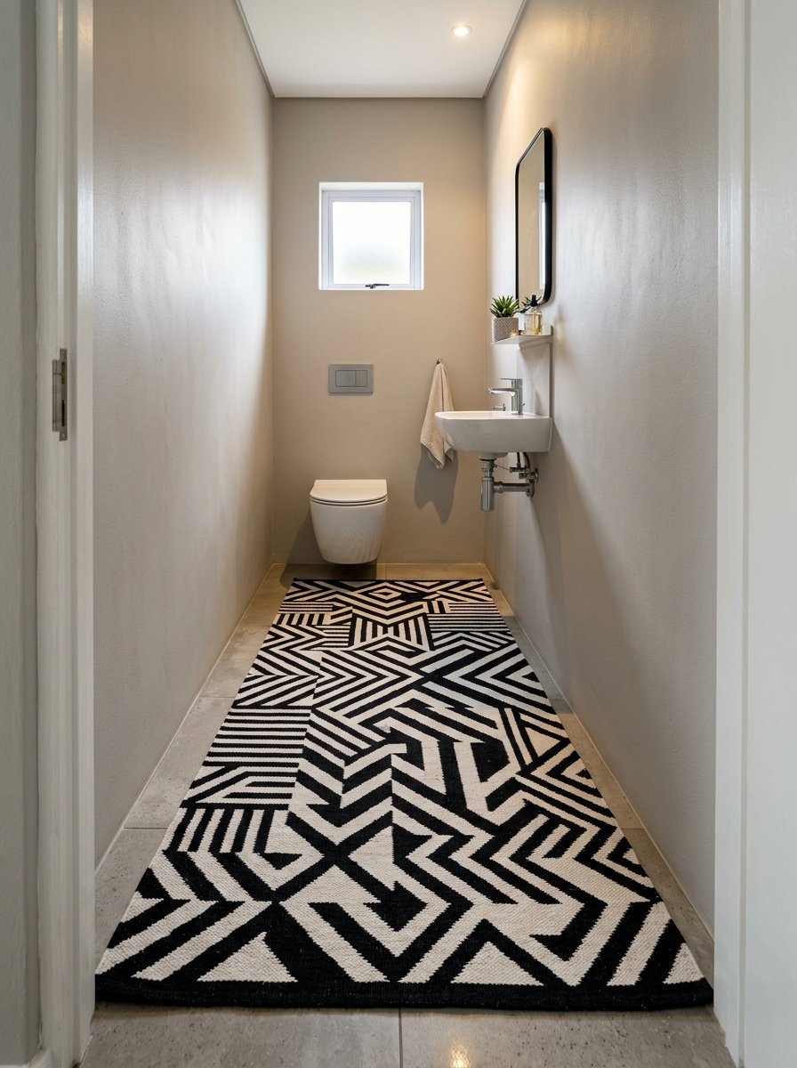 Narrow guest bathroom with a black and white geometric rug leading to a wall-hung toilet and small basin.