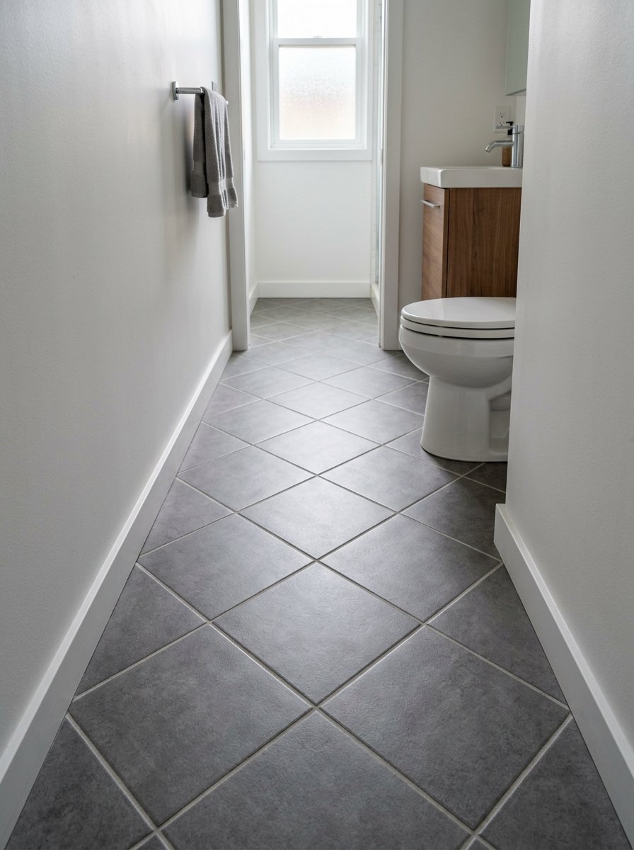 A narrow bathroom view showing grey square floor tiles laid diagonally with a white toilet and vanity cabinet.