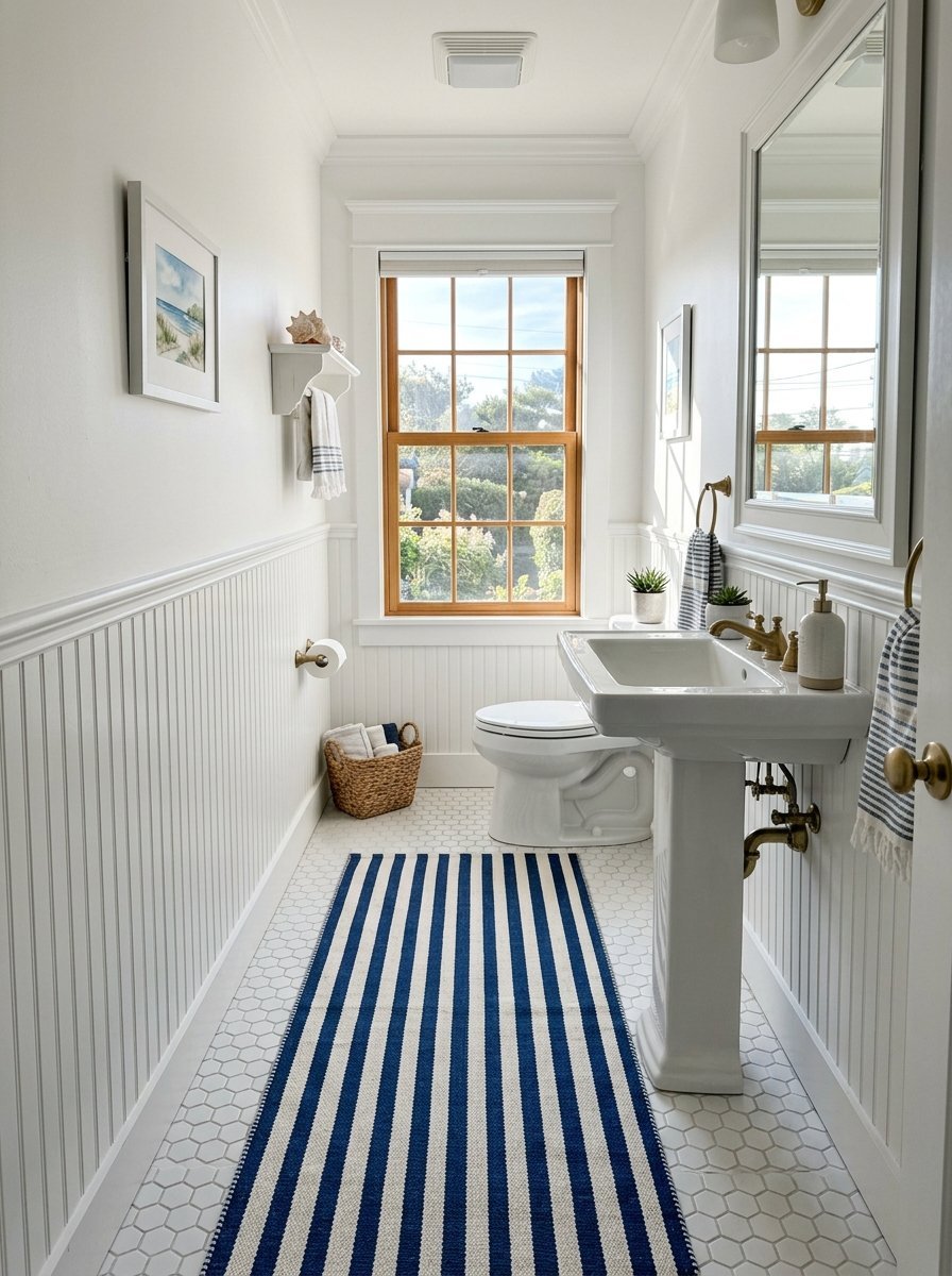 A narrow restroom with a pedestal sink, white hexagon tile floor, and a navy blue and white striped floor runner.