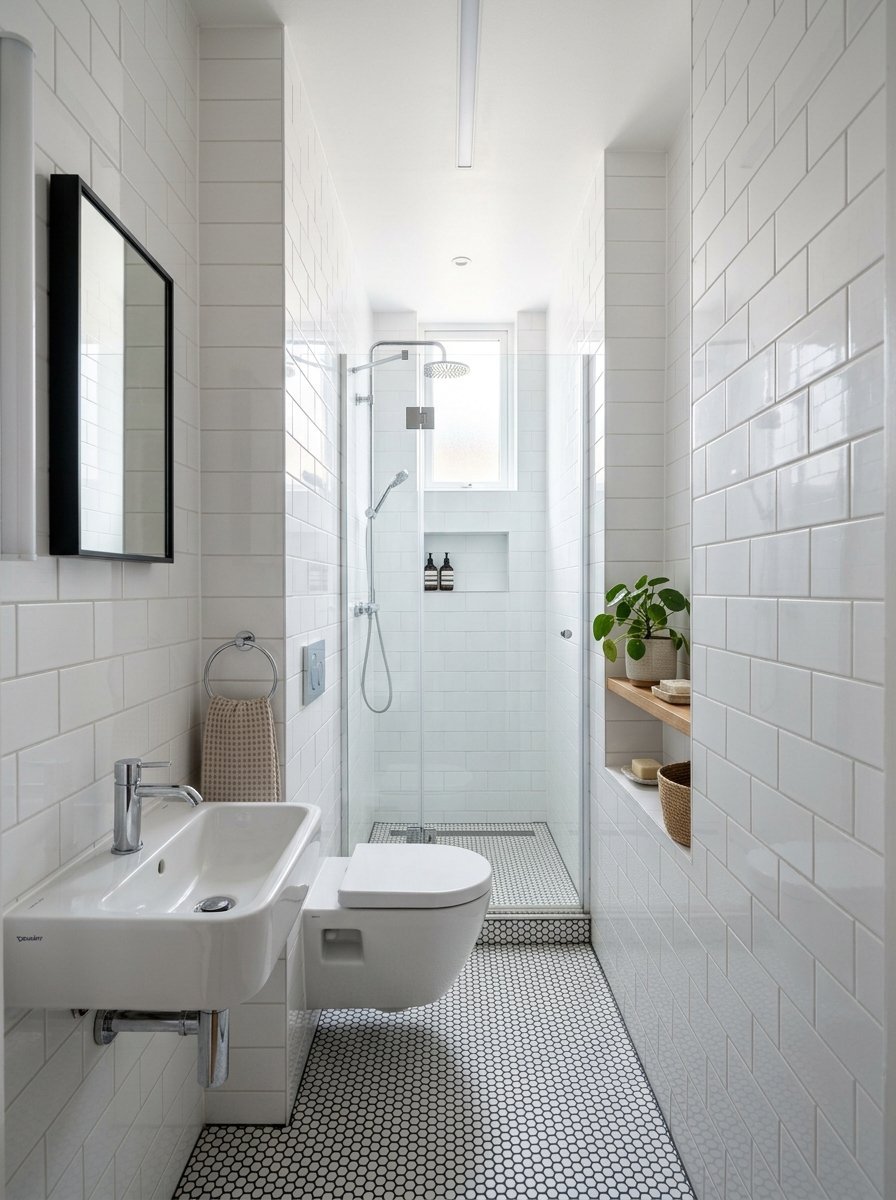 Compact bathroom interior featuring white subway wall tiles, hexagonal floor mosaic, and a floating sink and toilet.