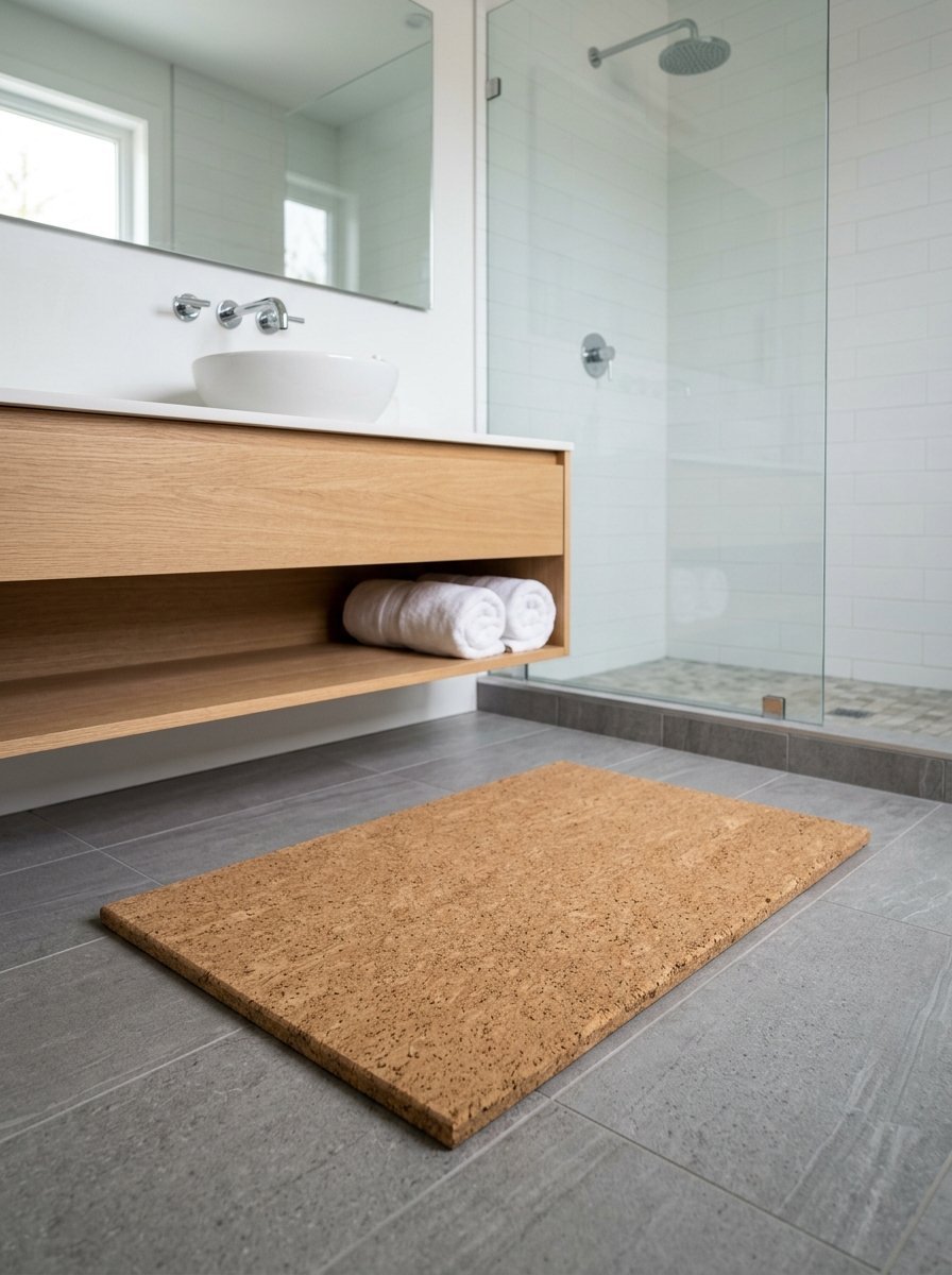 Rectangular cork mat placed on the grey tiled floor of a contemporary bathroom with a wooden vanity.
