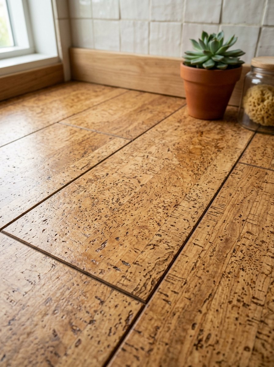 Rectangular cork floor tiles installed in a kitchen with a succulent plant in the background.