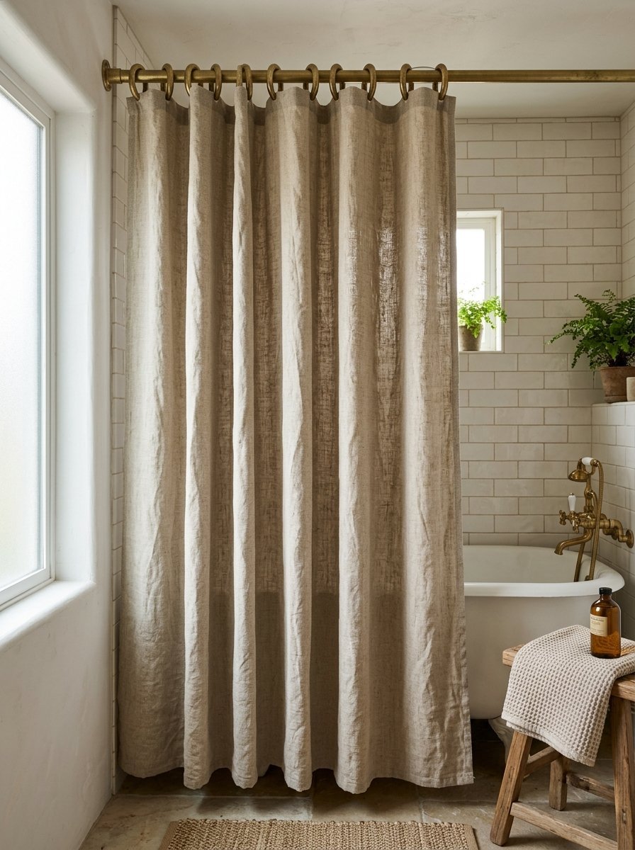 Textured neutral fabric shower curtain suspended by gold rings in a white tiled bathroom with a wooden stool.