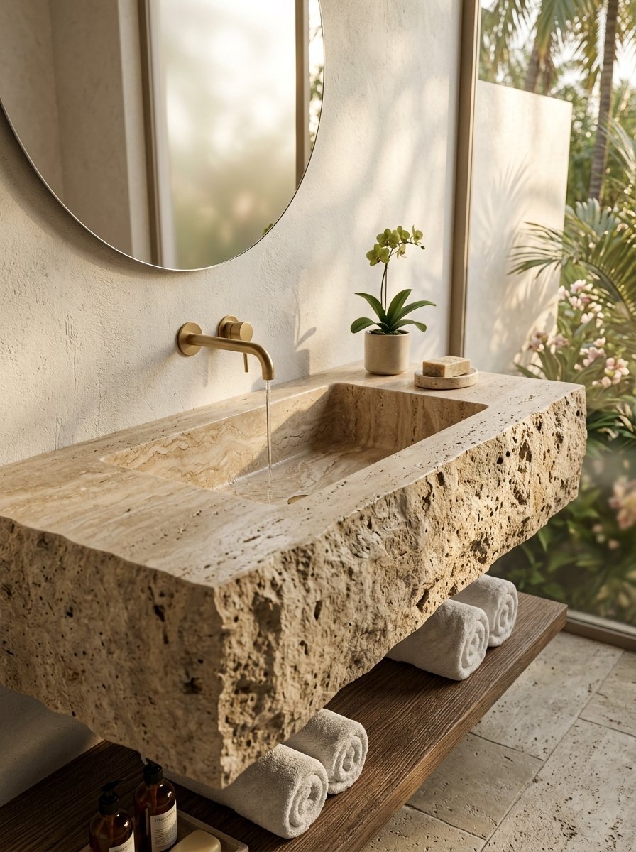 Floating raw edge travertine sink with stacked white towels on a dark wooden shelf.