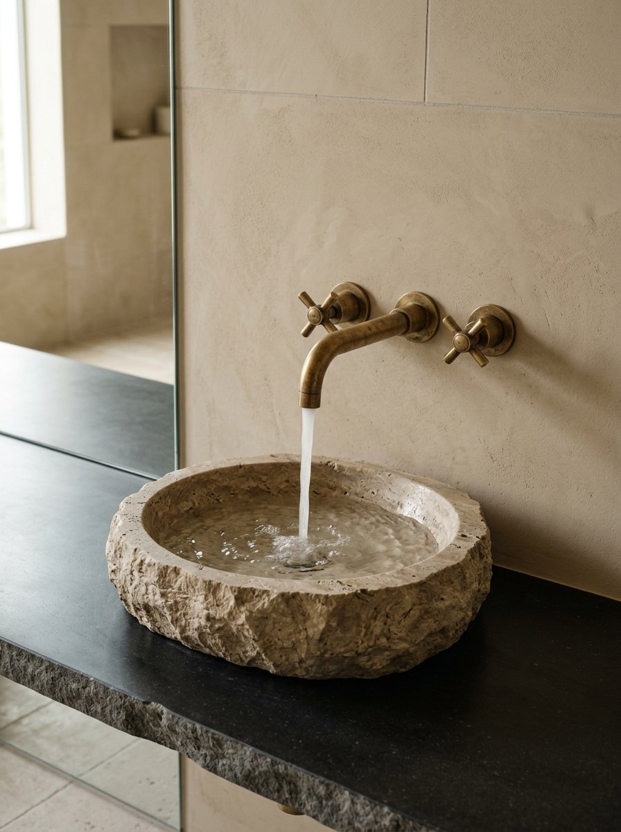 Running water flows from a rustic brass faucet into a round, textured stone basin on a black countertop.