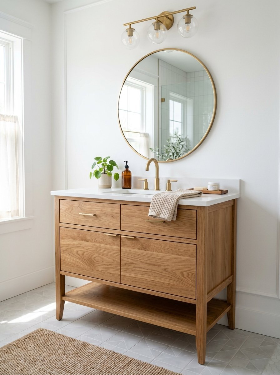 A modern wood vanity with white countertop, round gold mirror, and brass light fixture in a bright bathroom.