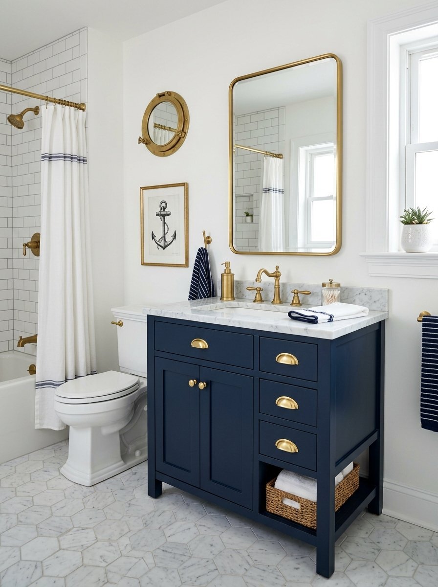 Navy blue bathroom vanity with brass hardware, marble countertop, and nautical wall decor items.
