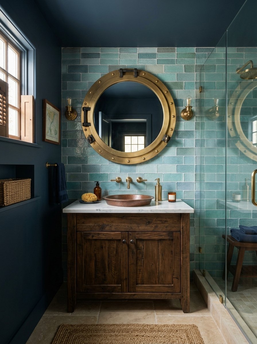 A wooden vanity with a copper bowl sink sits below a large circular brass mirror against blue-green subway tile.