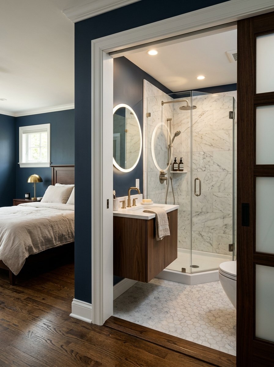A view through a sliding door into a compact bathroom with a marble shower and floating wood vanity next to a bedroom.