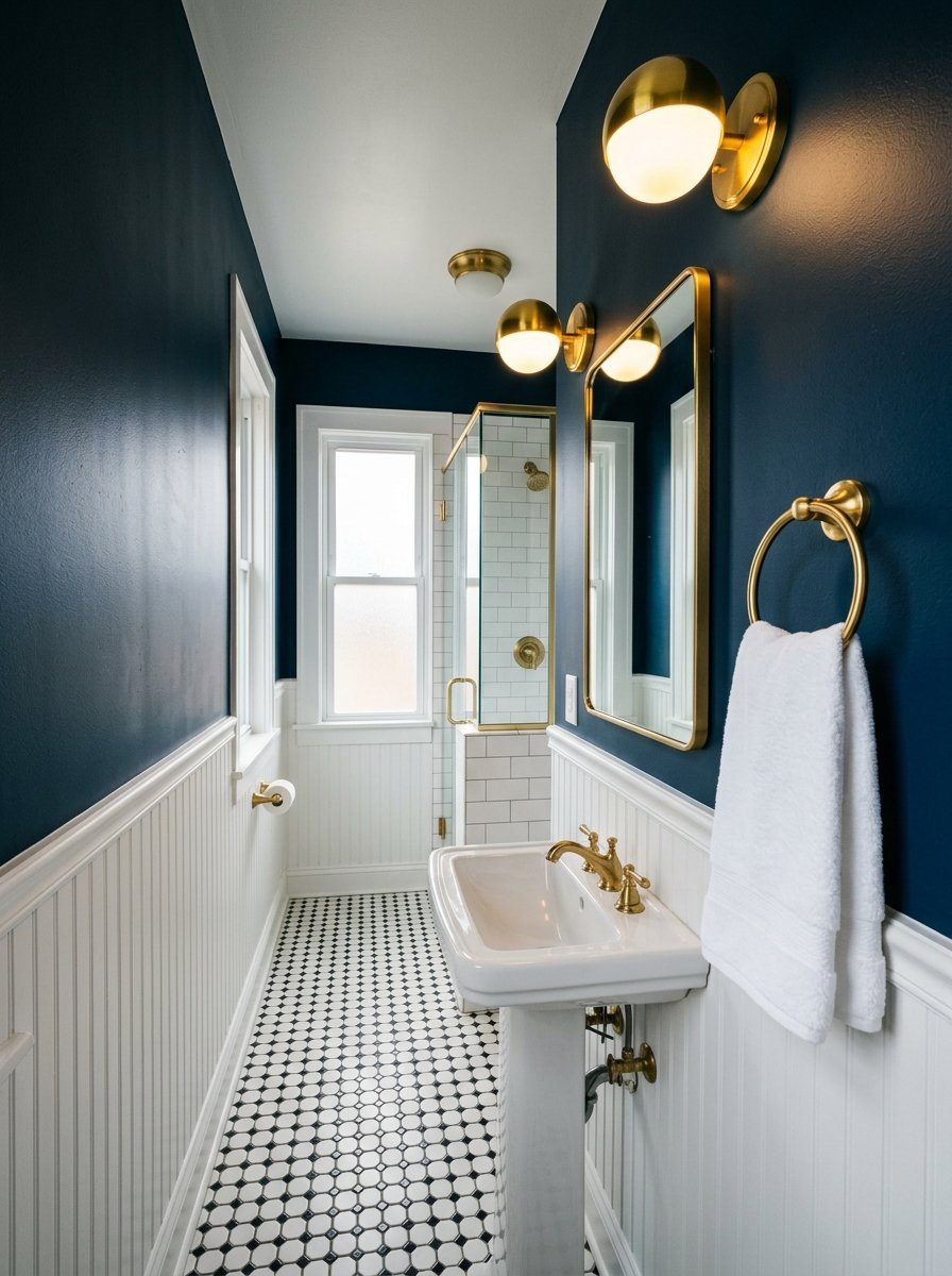 A narrow bathroom featuring dark navy walls, beadboard wainscoting, and a pedestal sink with gold fixtures.