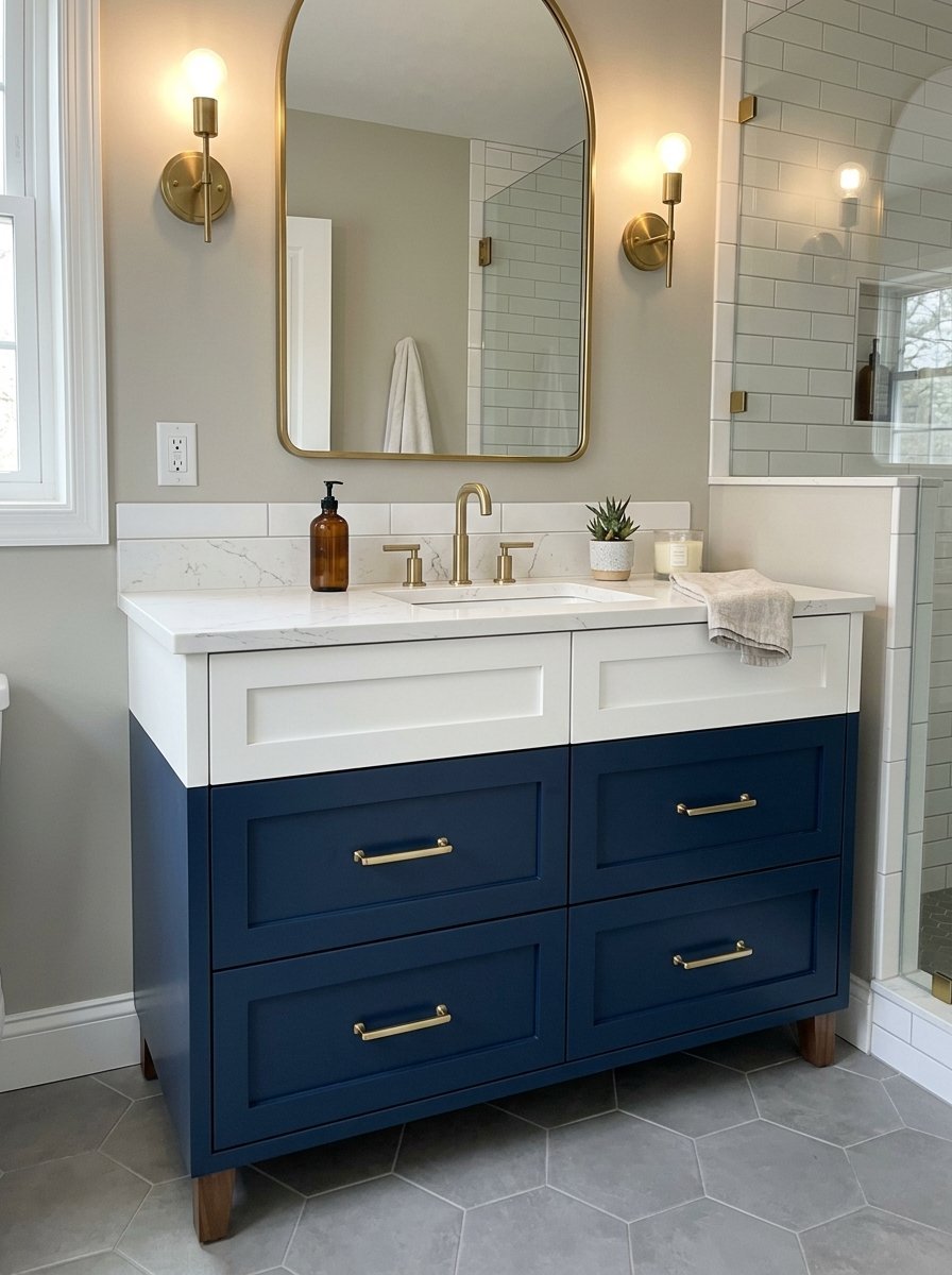 A navy blue double vanity with white countertop, gold hardware, and an arched mirror in a tiled bathroom.