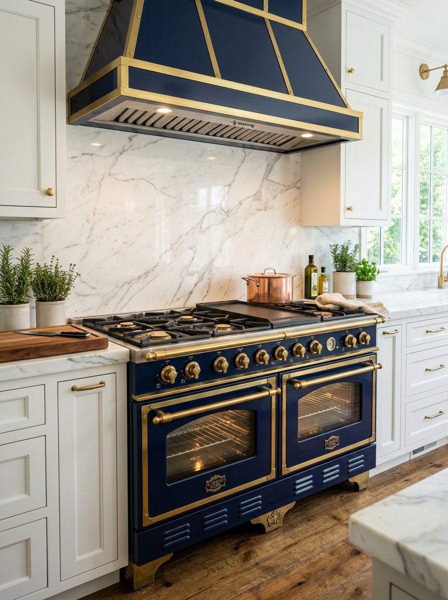 A navy blue stove with gold trim sits beneath a matching range hood against a marble slab backsplash.
