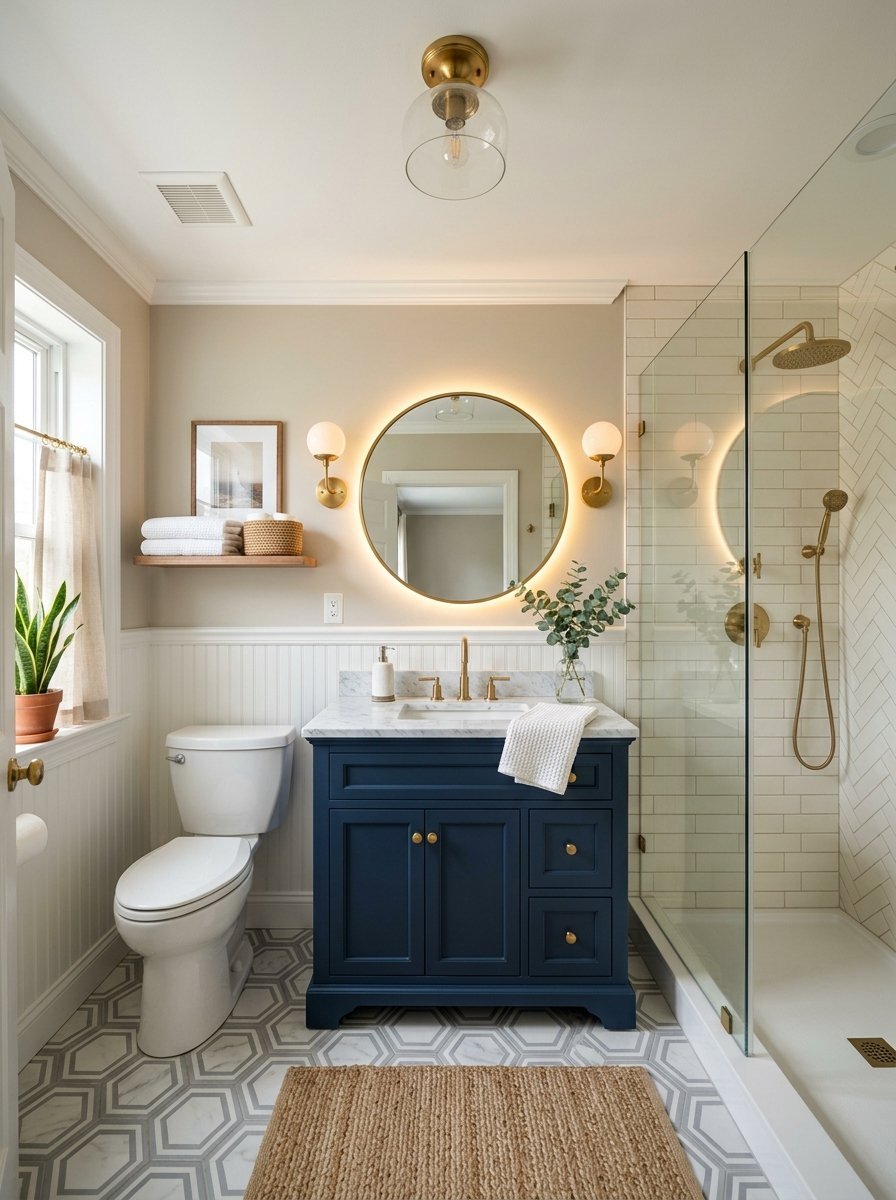 Bright bathroom with a navy cabinet, marble countertop, and glass walk-in shower with gold hardware.