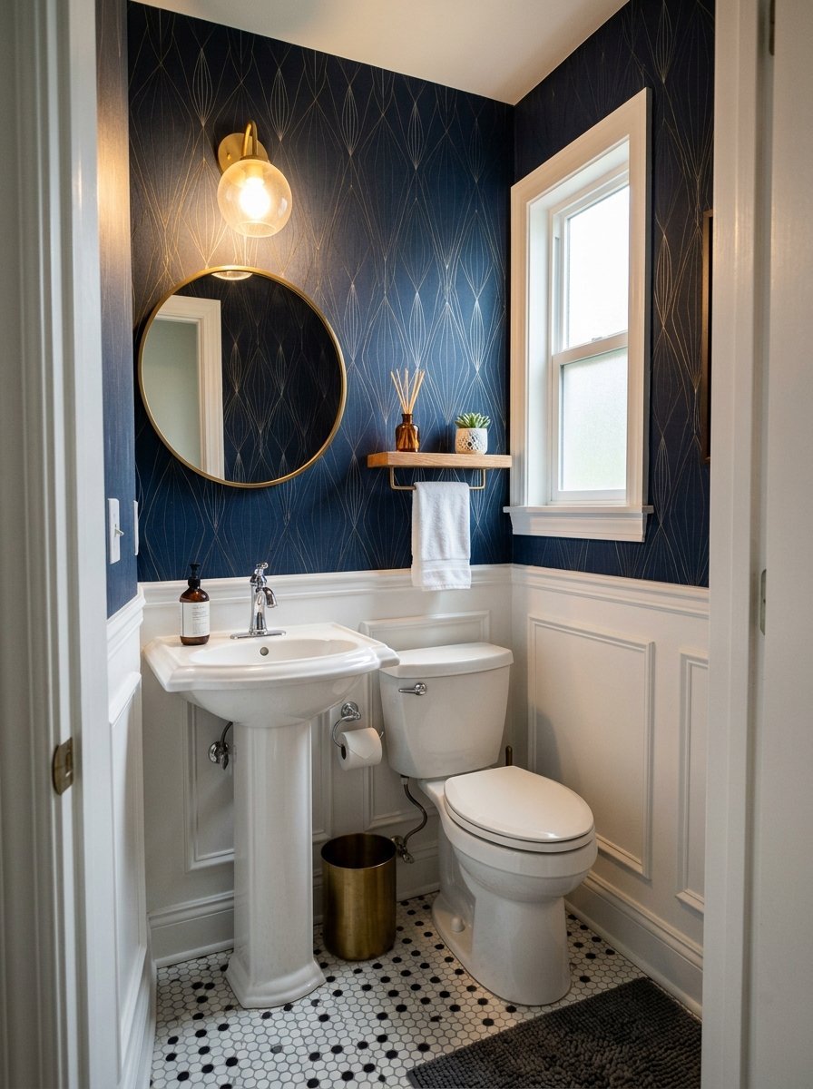 A small bathroom featuring a pedestal sink, round gold mirror, and navy patterned wallpaper above white wainscoting.