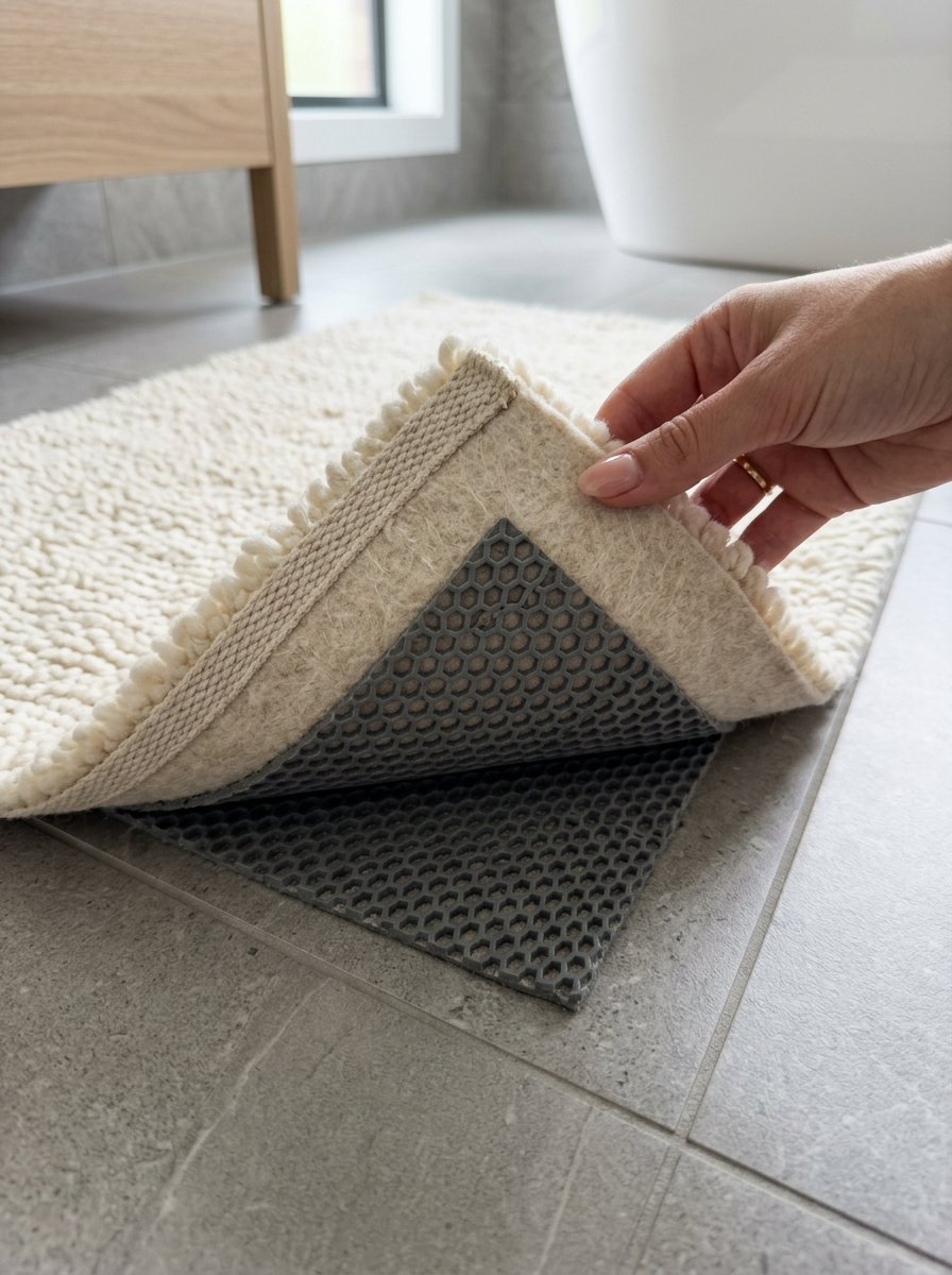 A hand lifting a cream colored bath rug to reveal a grey hexagonal non-slip rubber backing on a tiled floor.