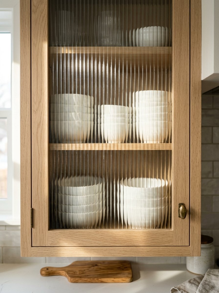 Close up of a wooden cabinet with ribbed glass showing stacks of white ceramic bowls inside.