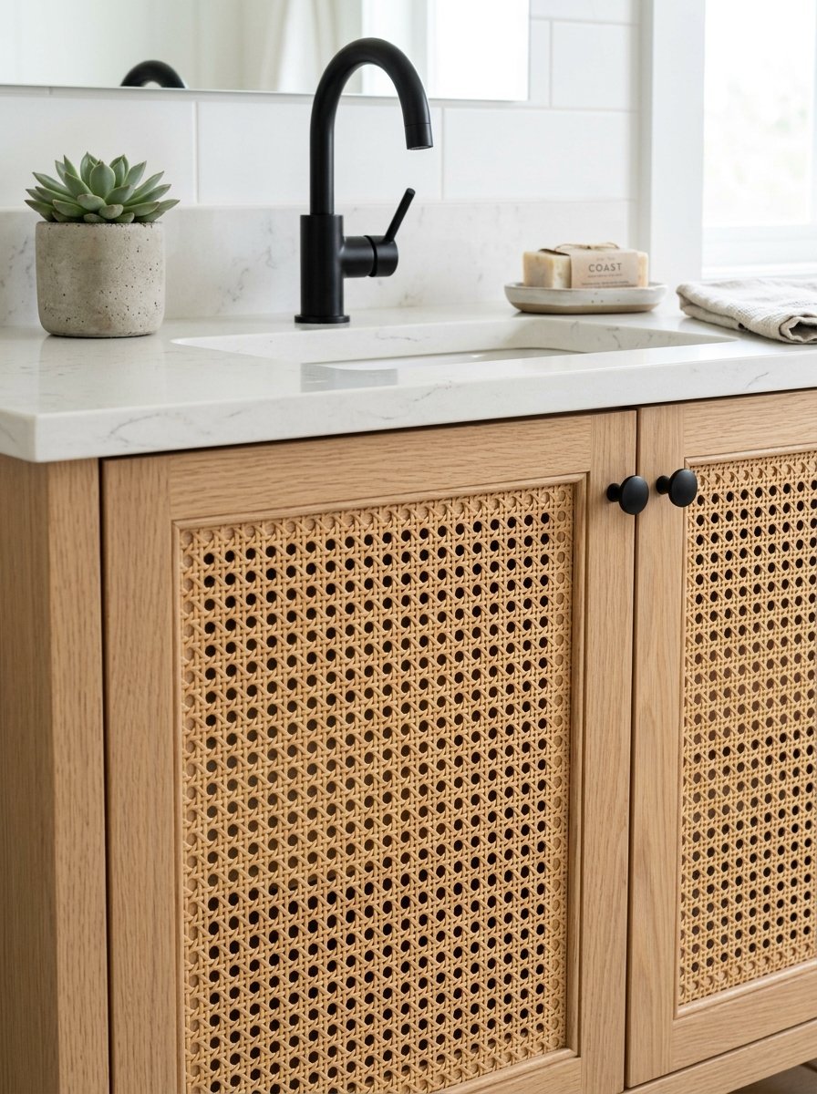 Modern bathroom vanity with light oak wood frame and textured rattan inserts under a white marble countertop.