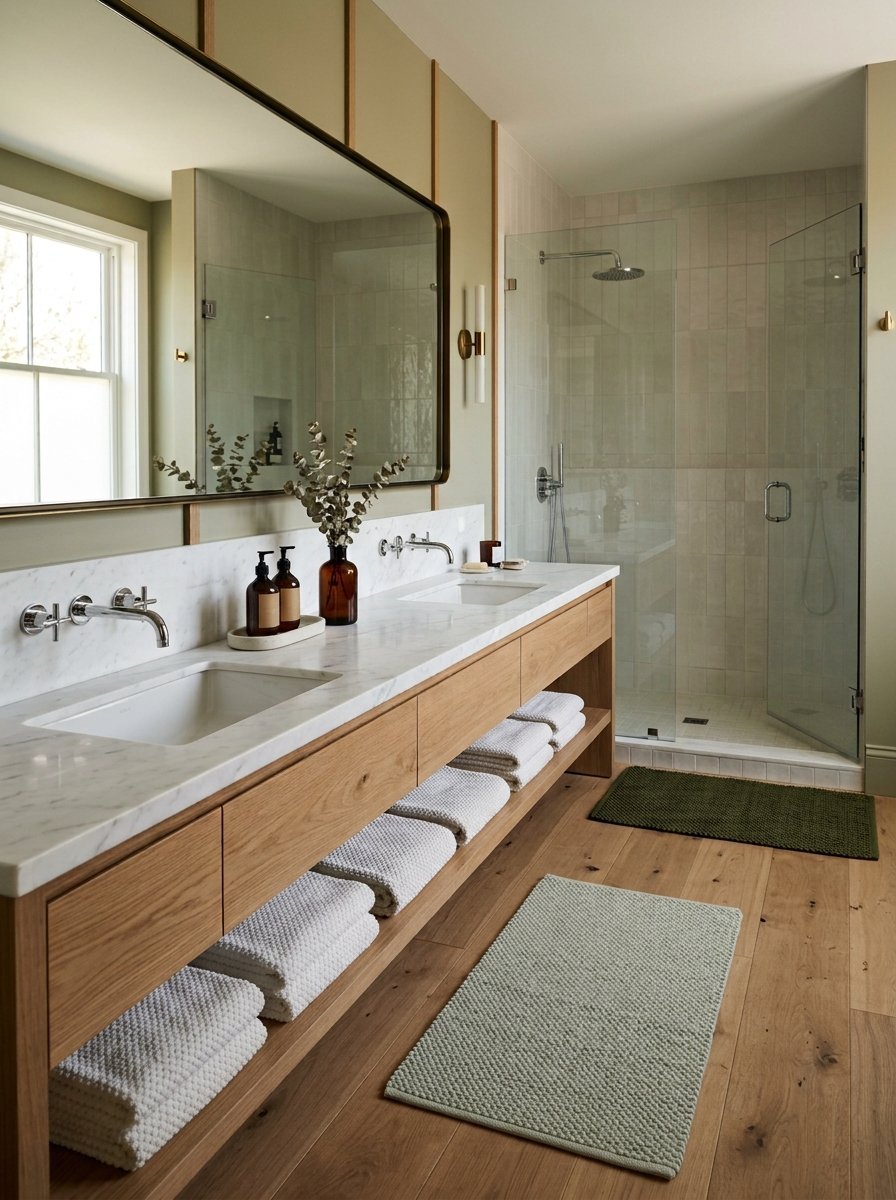 Modern bathroom with wooden vanity, white marble sink, and stacks of folded white towels on an open shelf.