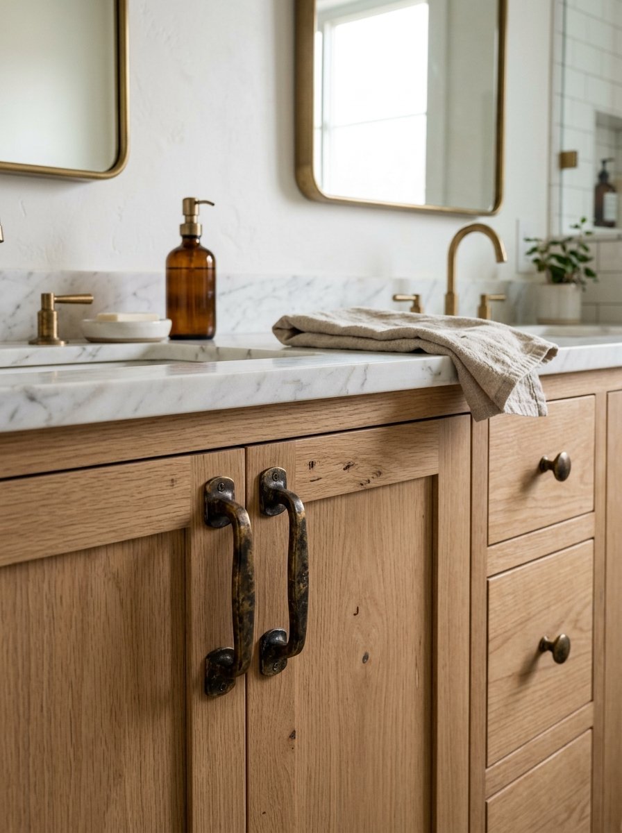 Close up of a wooden vanity cabinet with aged brass handles beneath a white marble sink.