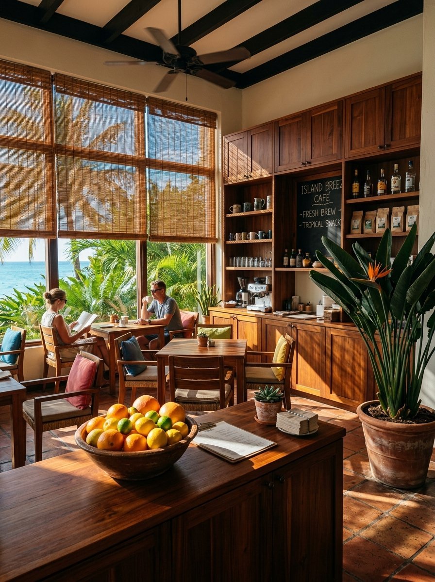 A rustic coastal cafe featuring a wooden counter with citrus fruit and patrons dining by floor-to-ceiling windows.